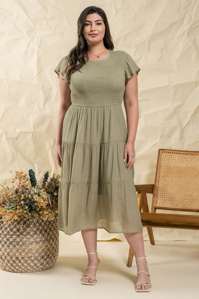 The Jamison Smocked Tiered Midi Dress in Light Olive Curvy