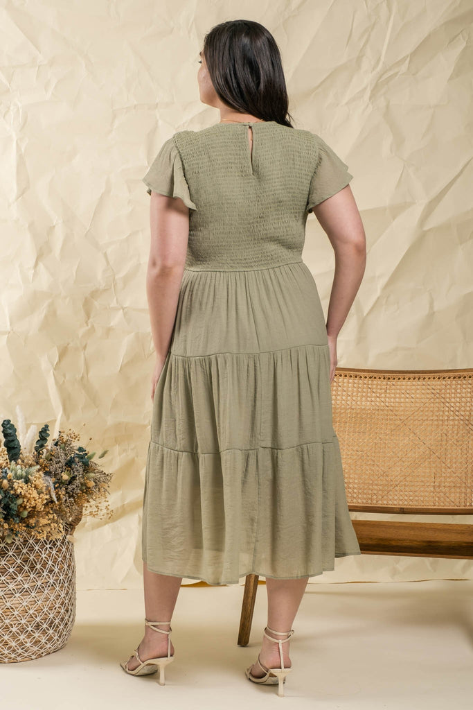 The Jamison Smocked Tiered Midi Dress in Light Olive Curvy