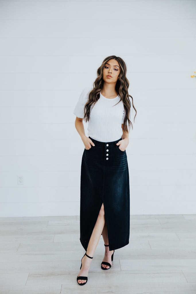 The Ariana Denim Maxi Skirt in Jet Black