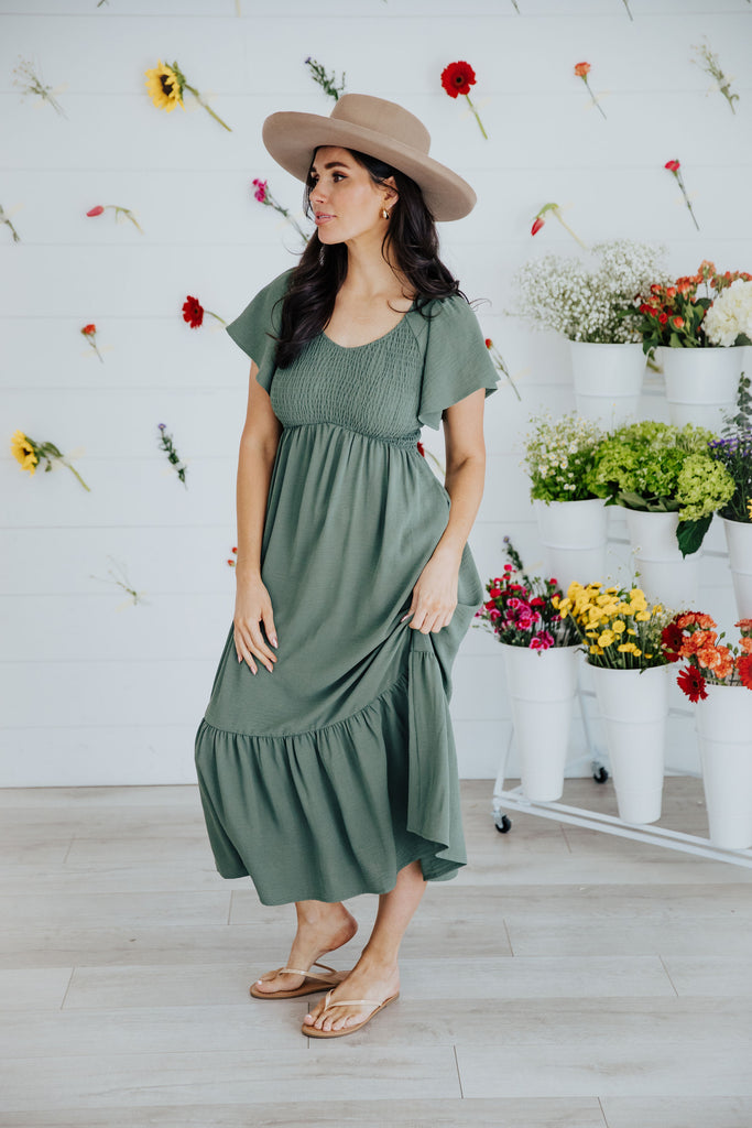 The Kendall Maxi Dress in Smoke Green