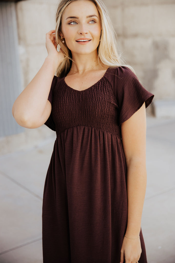 The Kendall Midi Dress in Mulberry Mocha