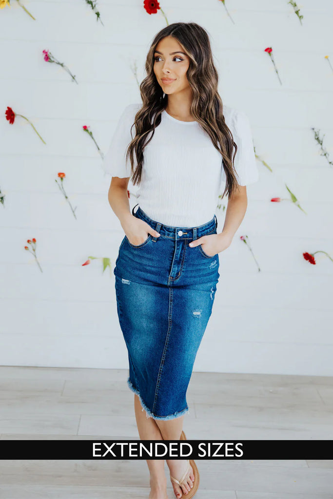 The Isabella Distressed Denim Skirt in Denim Blue