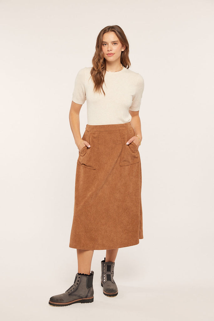 The Caroline Corduroy Midi Skirt in Brown