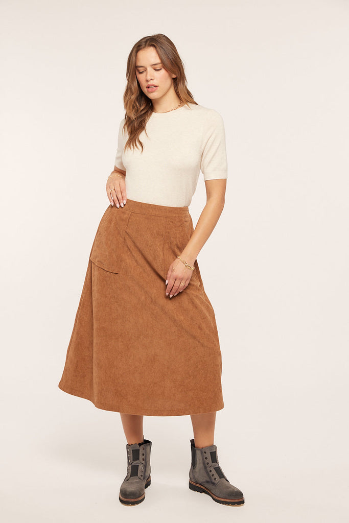 The Caroline Corduroy Midi Skirt in Brown