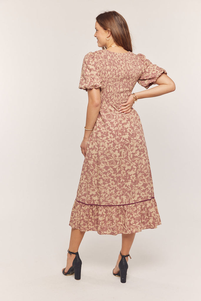 The Mira Floral Smocked Maxi Dress in Dusty Plum