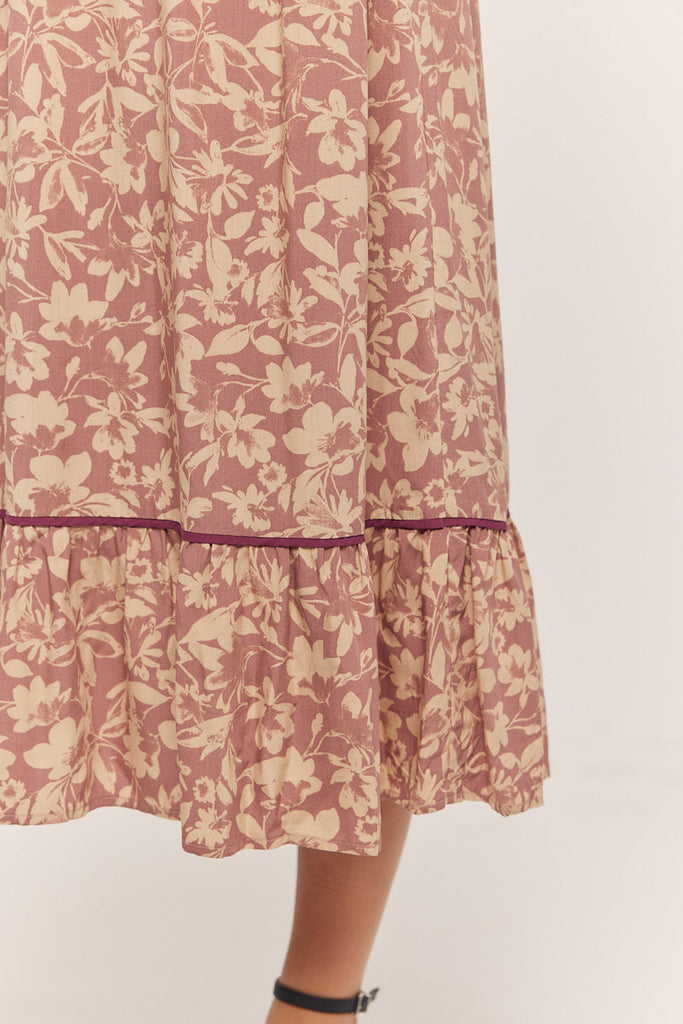 The Mira Floral Smocked Maxi Dress in Dusty Plum