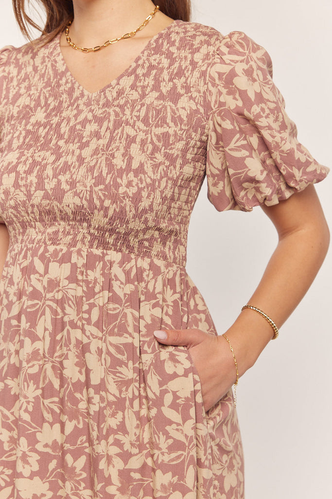 The Mira Floral Smocked Maxi Dress in Dusty Plum