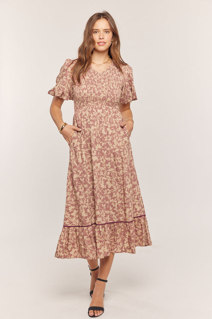 The Mira Floral Smocked Maxi Dress in Dusty Plum