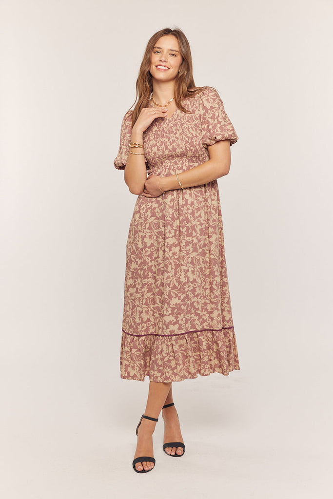 The Mira Floral Smocked Maxi Dress in Dusty Plum