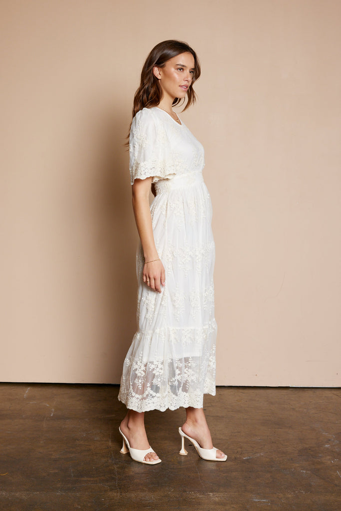 The Gina Embroidered Mesh Dress in Natural