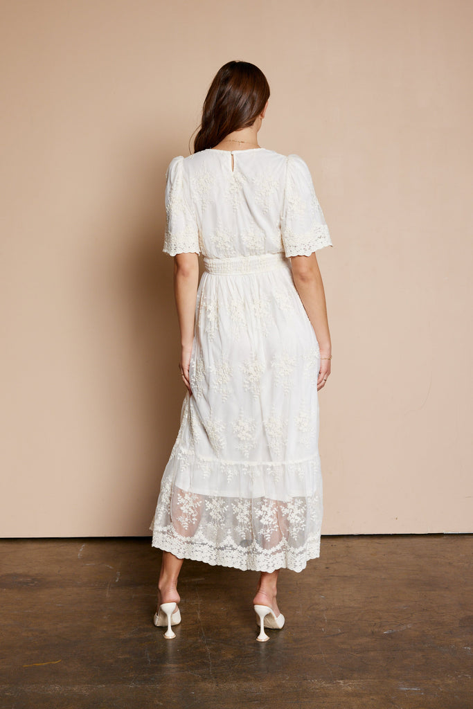 The Gina Embroidered Mesh Dress in Natural