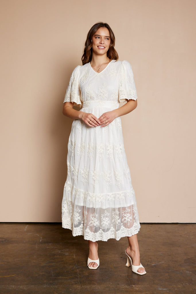 The Gina Embroidered Mesh Dress in Natural