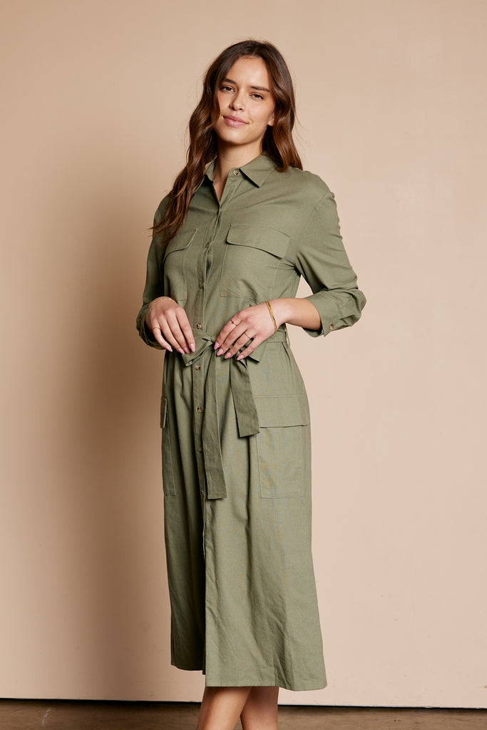 The Deena Linen Shirt Dress in Olive