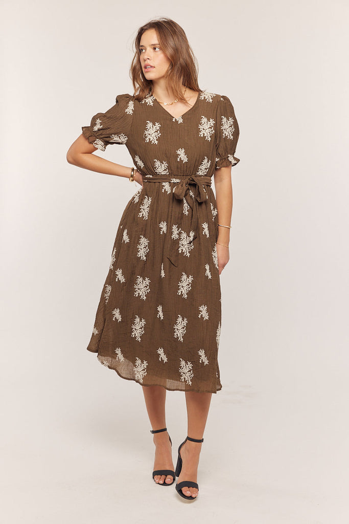 The Dena Embroidered Tencel Dress in Chocolate