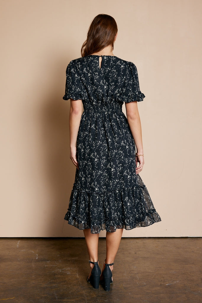 The Jacquelyn Printed Ruffle Dress in Black