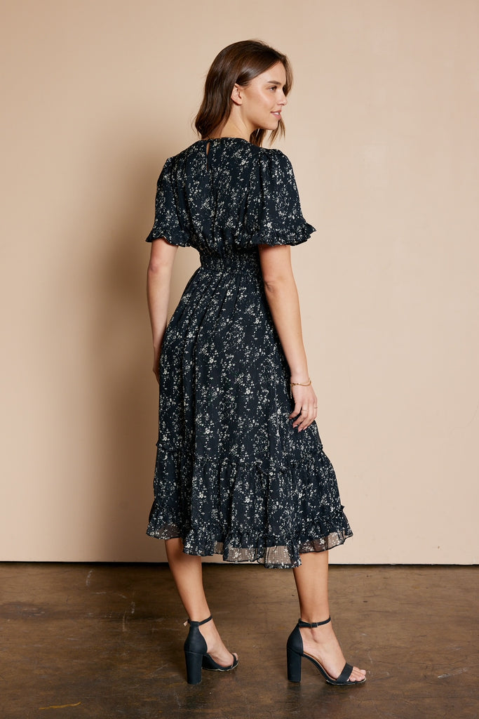 The Jacquelyn Printed Ruffle Dress in Black