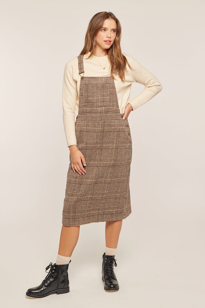 The Amantha Plaid Overall Dress in Brown