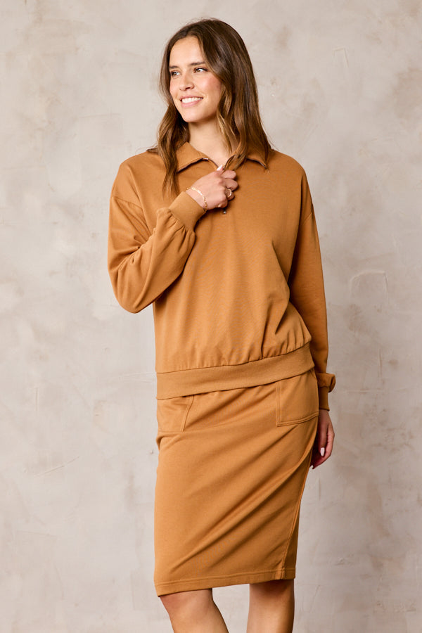 The Frannie Half Zip Sweatshirt in Camel