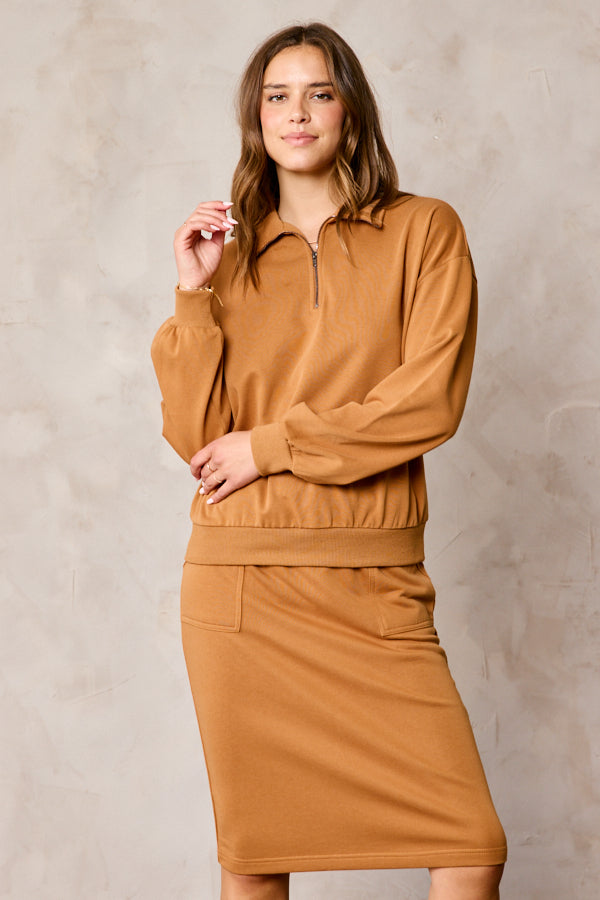 The Frannie Half Zip Sweatshirt in Camel