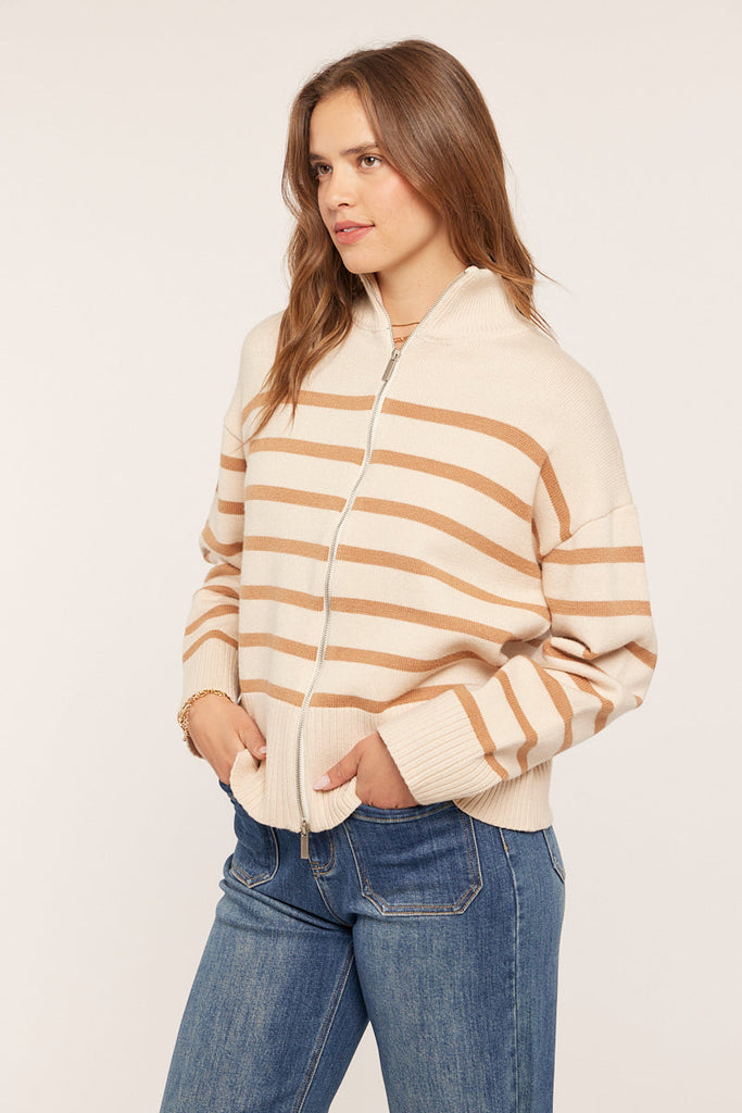 The Marcella Stripe Zip Up Sweater in Oatmeal/Camel