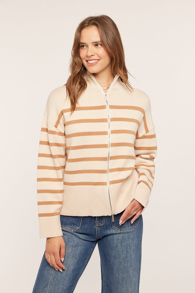 The Marcella Stripe Zip Up Sweater in Oatmeal/Camel