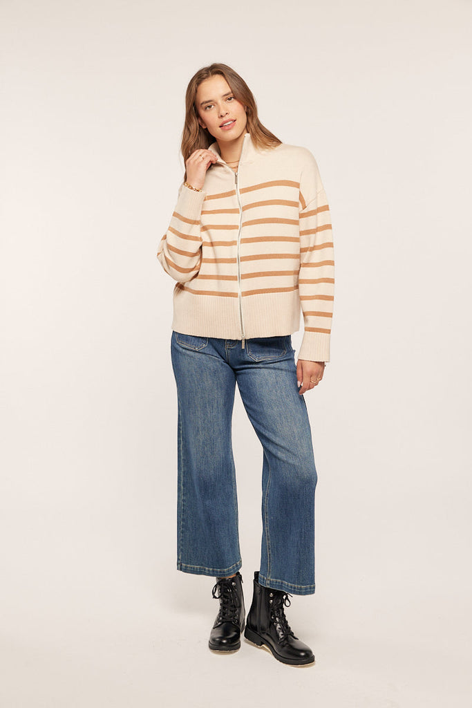 The Marcella Stripe Zip Up Sweater in Oatmeal/Camel