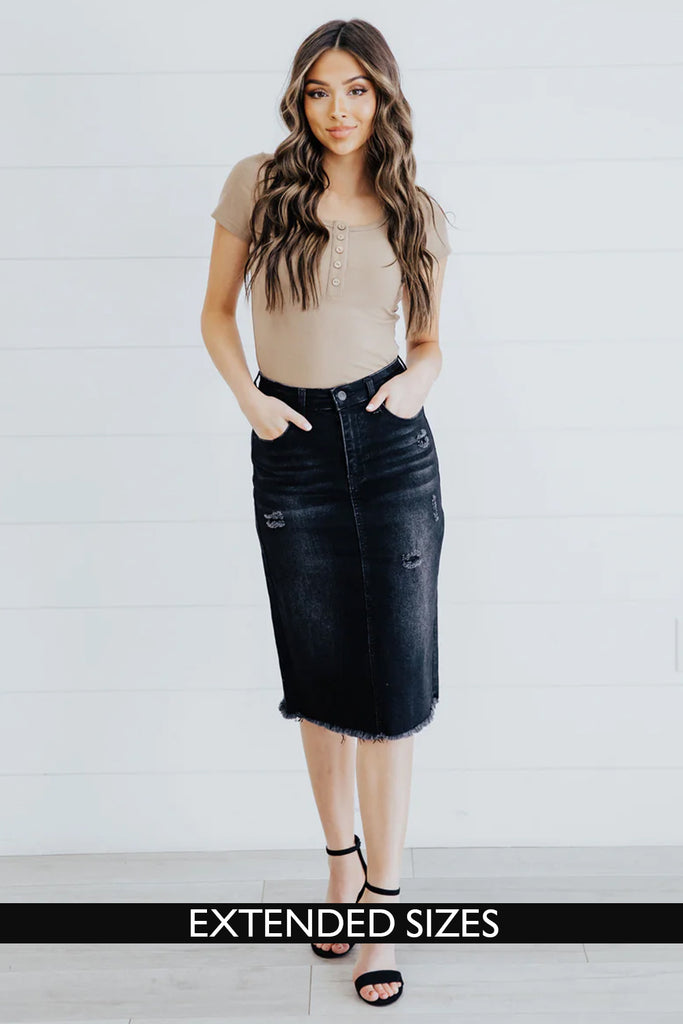 The Isabella Distressed Denim Skirt in Dark Indigo