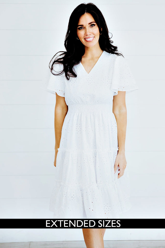 The Jackie Midi Dress in White Eyelet