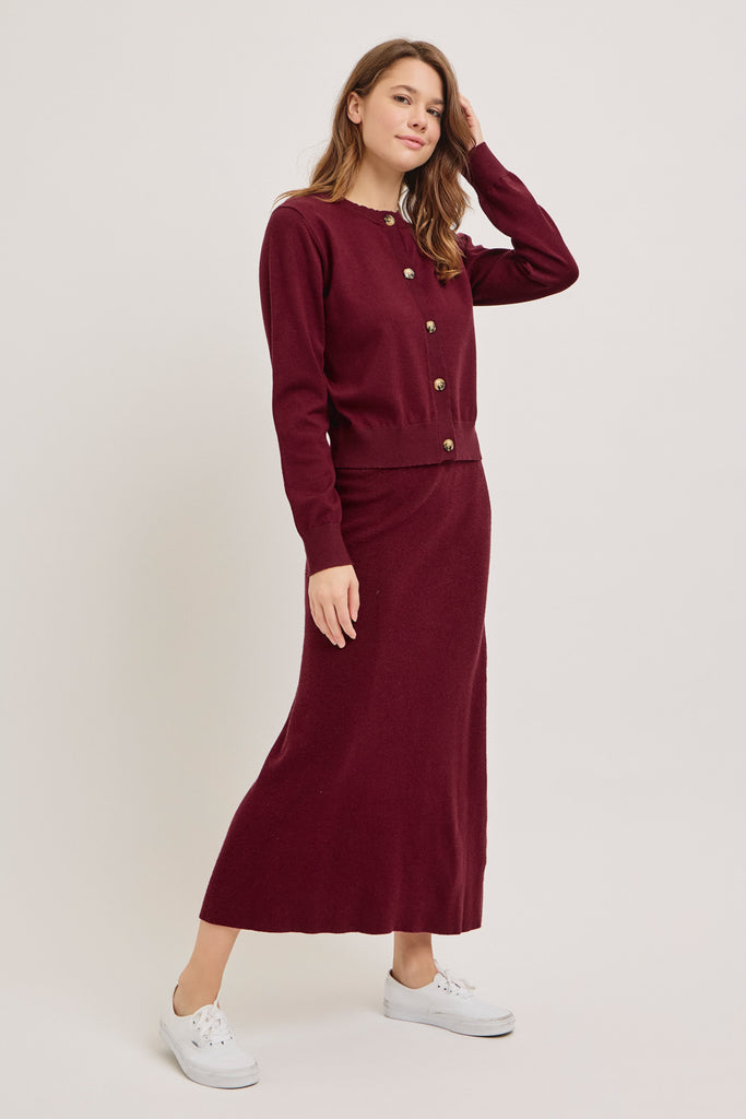 The Marissa Cardigan and Skirt Set Burgundy