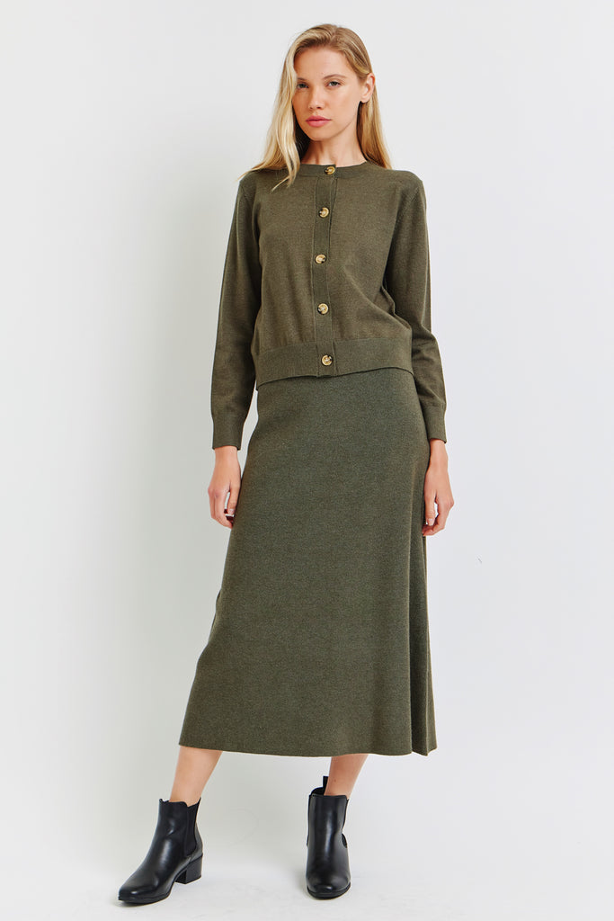 The Marissa Cardigan and Skirt Set Dark Olive