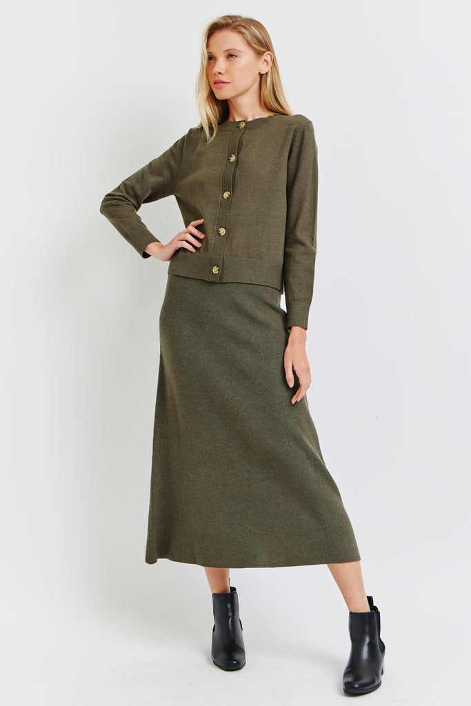 The Marissa Cardigan and Skirt Set Dark Olive