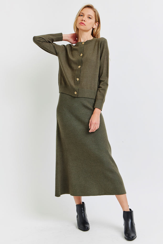 The Marissa Cardigan and Skirt Set Dark Olive