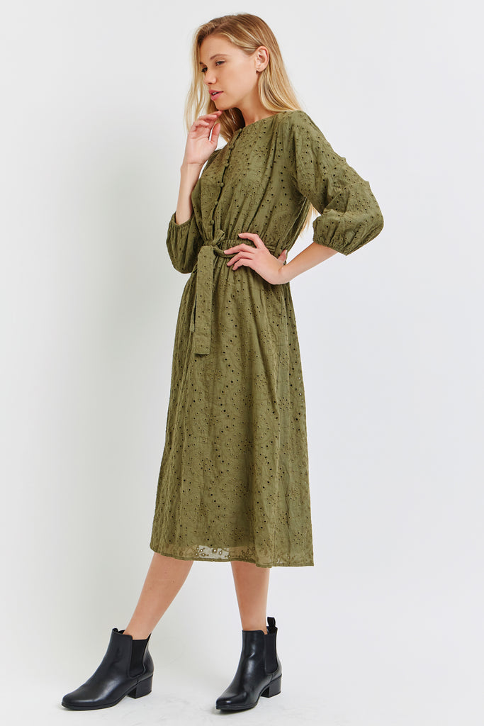 The Sloane Embroidered Midi Dress in Olive