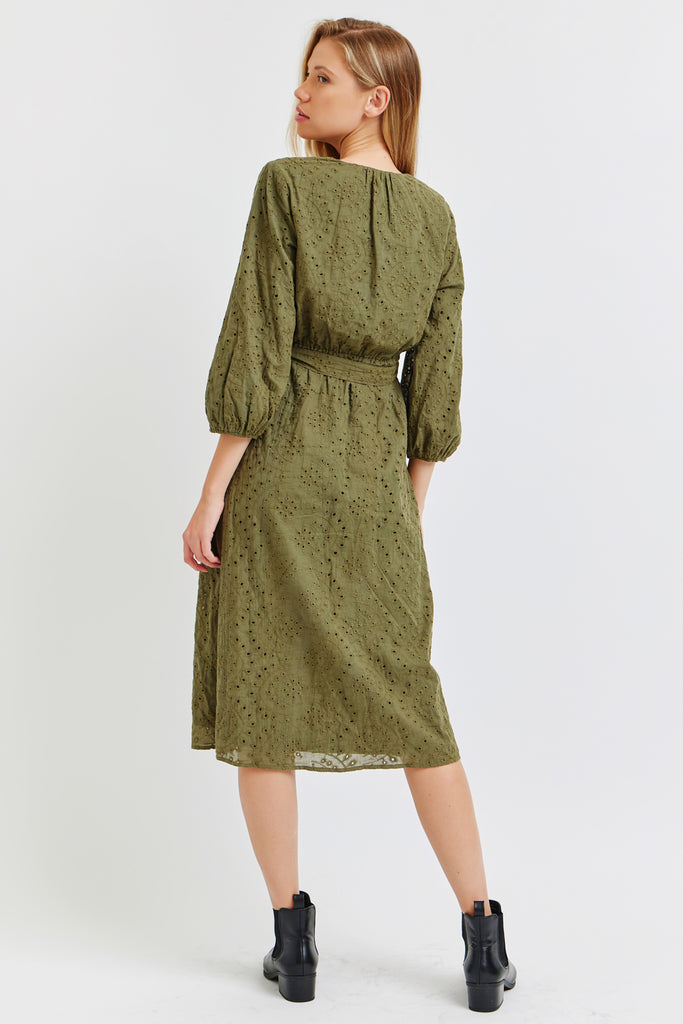 The Sloane Embroidered Midi Dress in Olive