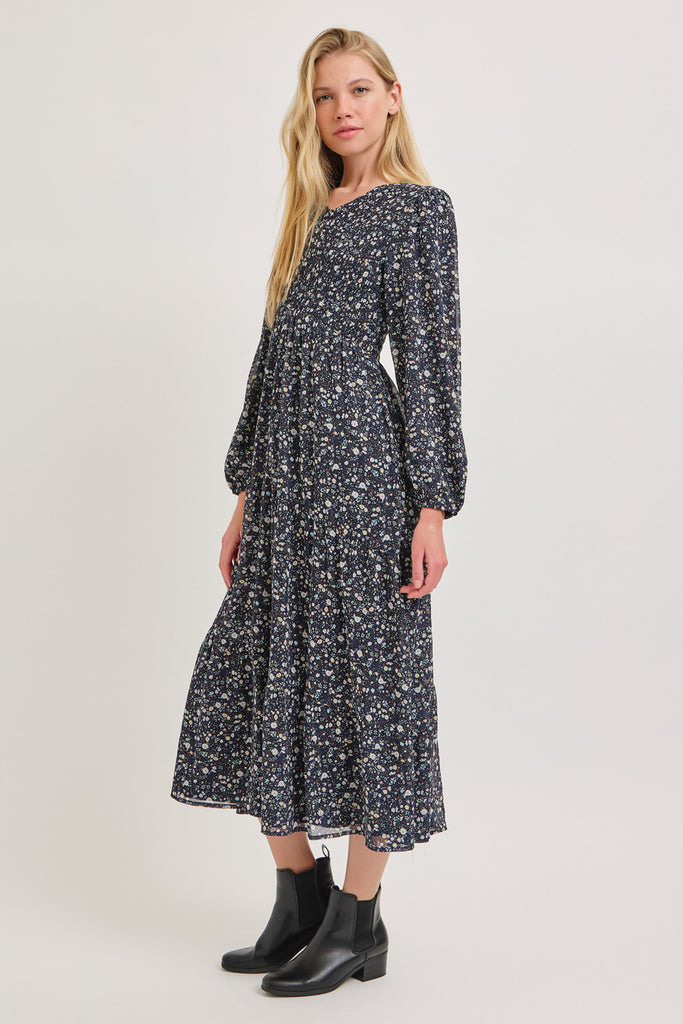 The Desiree Smocked Tiered Maxi Dress in Navy/Mint