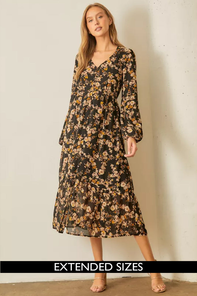 The Penny Floral V-Neck Midi Dress in Black