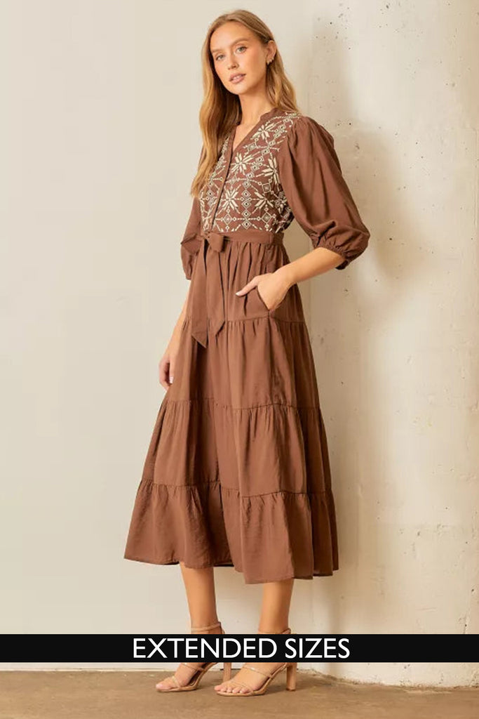 The Raven Embroidered Midi Dress in Brown