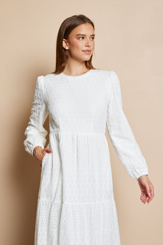 The Poppy Eyelet Temple Dress in White