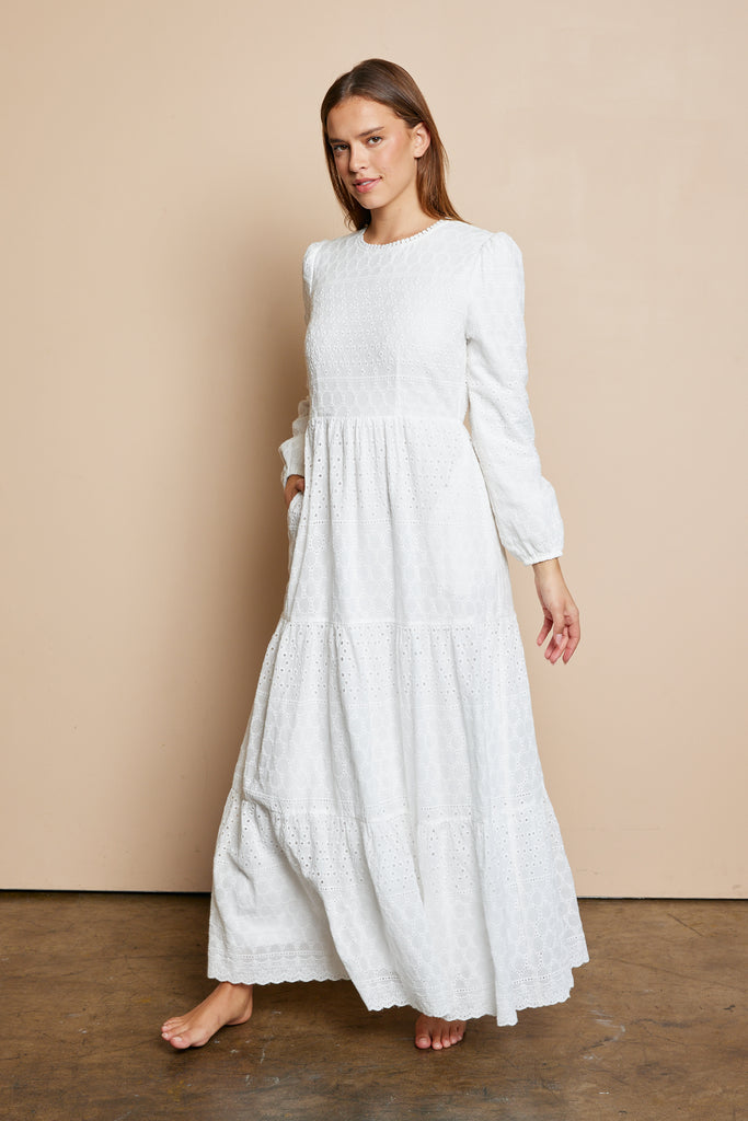 The Poppy Eyelet Temple Dress in White