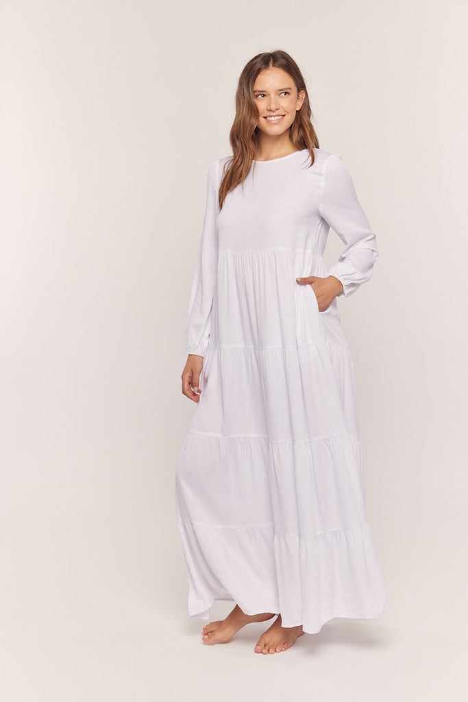 The Amelia Tiered Temple Dress in White