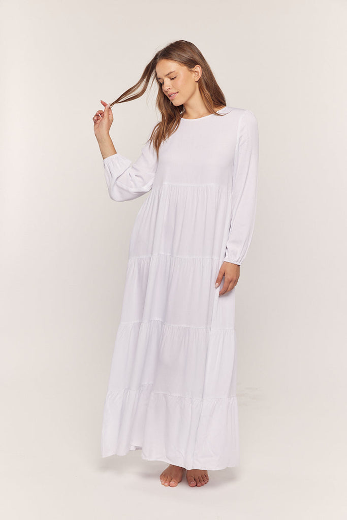 The Amelia Tiered Temple Dress in White