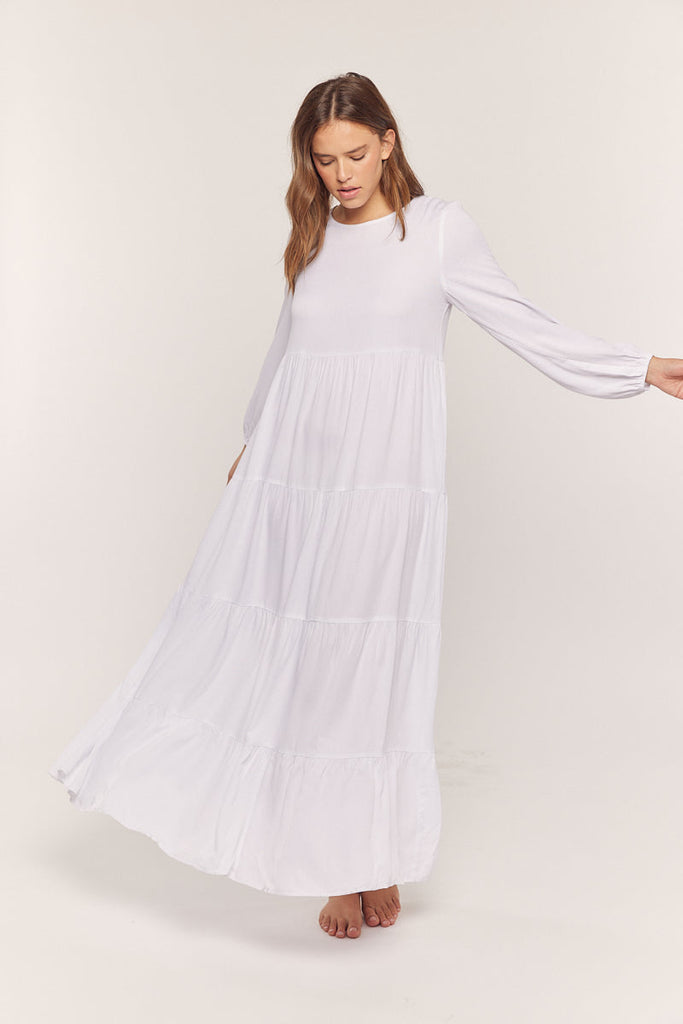 The Amelia Tiered Temple Dress in White