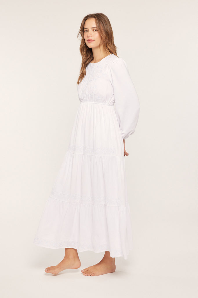 The Hazel Embroidered Temple Dress in White