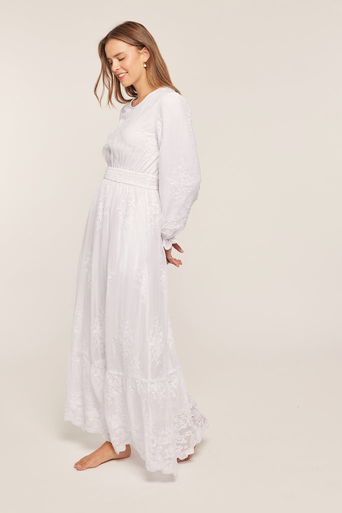 The Brooke Embroidered Mesh Temple Dress in White