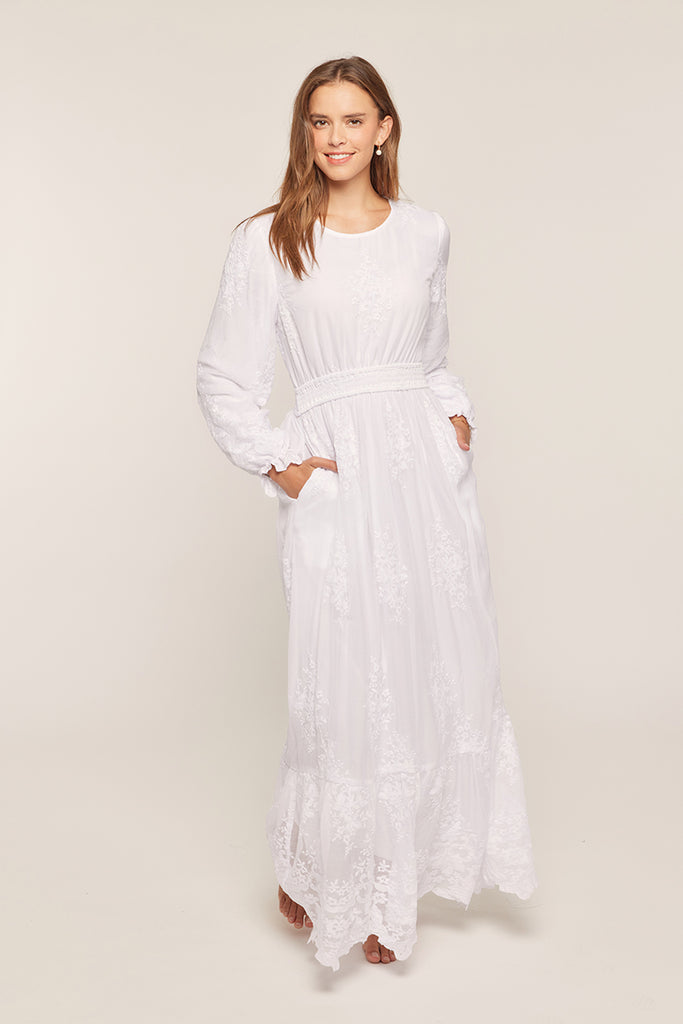 The Brooke Embroidered Mesh Temple Dress in White