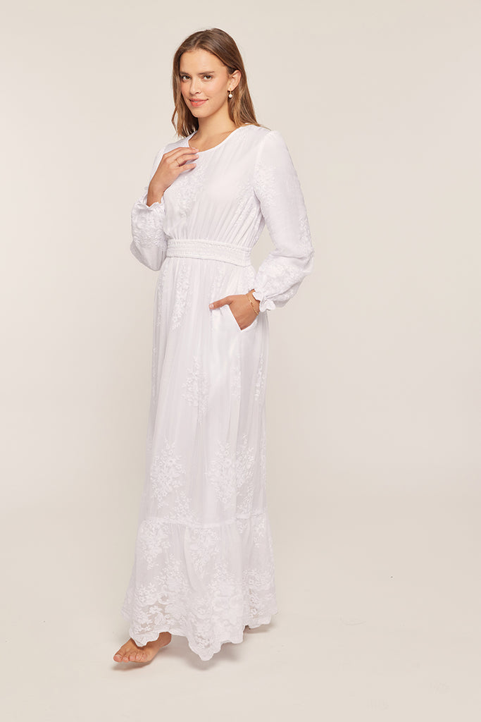 The Brooke Embroidered Mesh Temple Dress in White