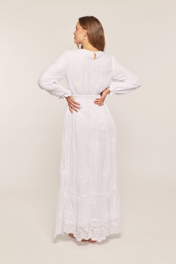 The Brooke Embroidered Mesh Temple Dress in White