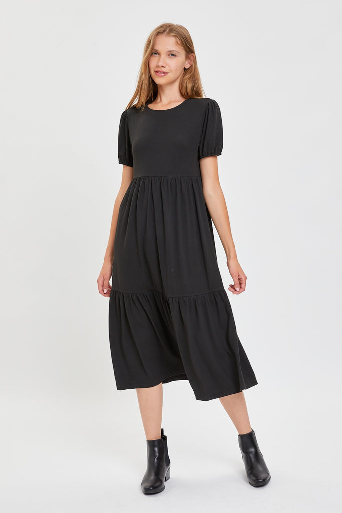 The Afton Puff Sleeve Jersey Dress in Black