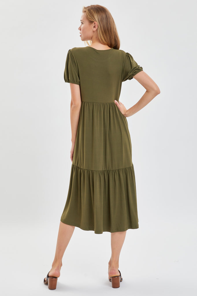 Afton Puff Sleeve Jersey Dress in Olive