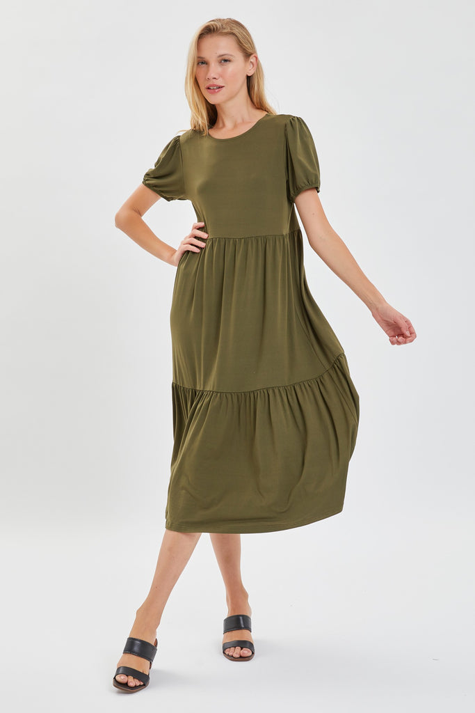 Afton Puff Sleeve Jersey Dress in Olive